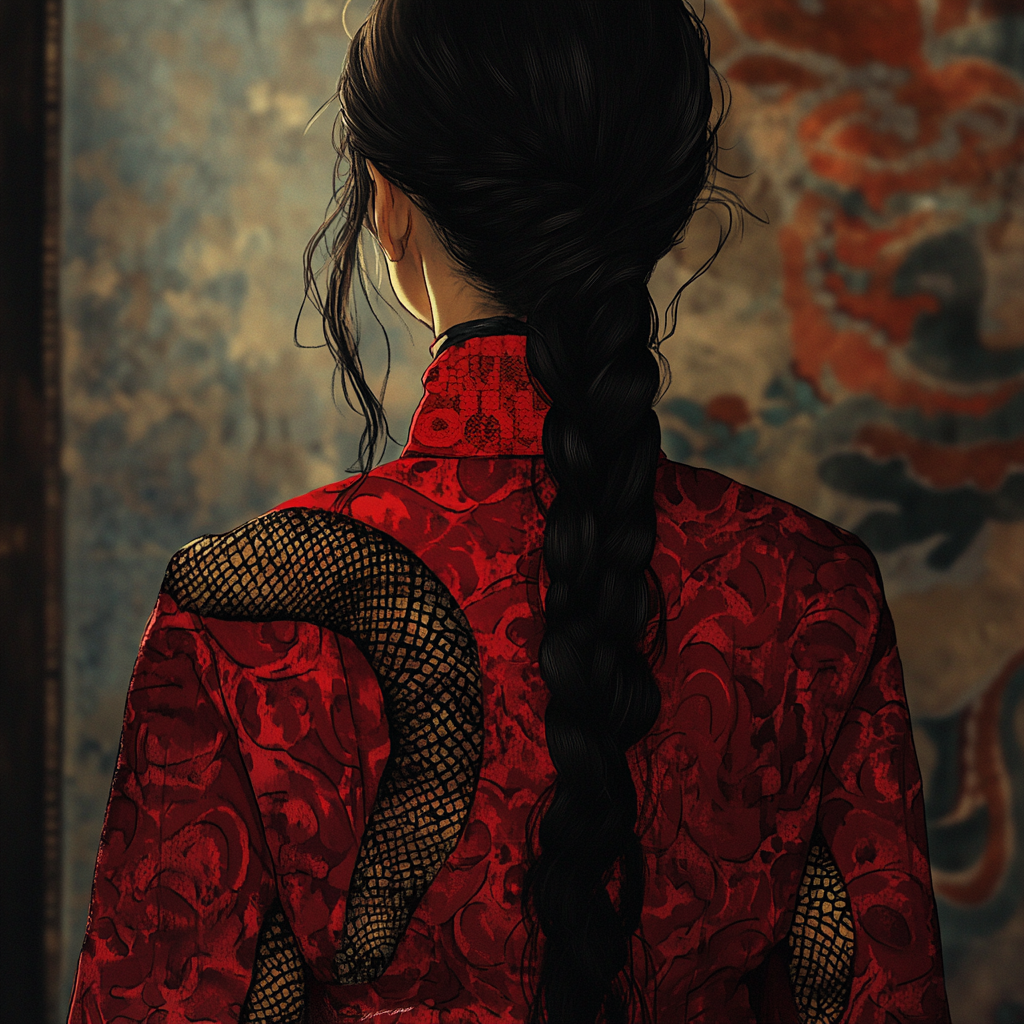 A woman in red snake-patterned clothes