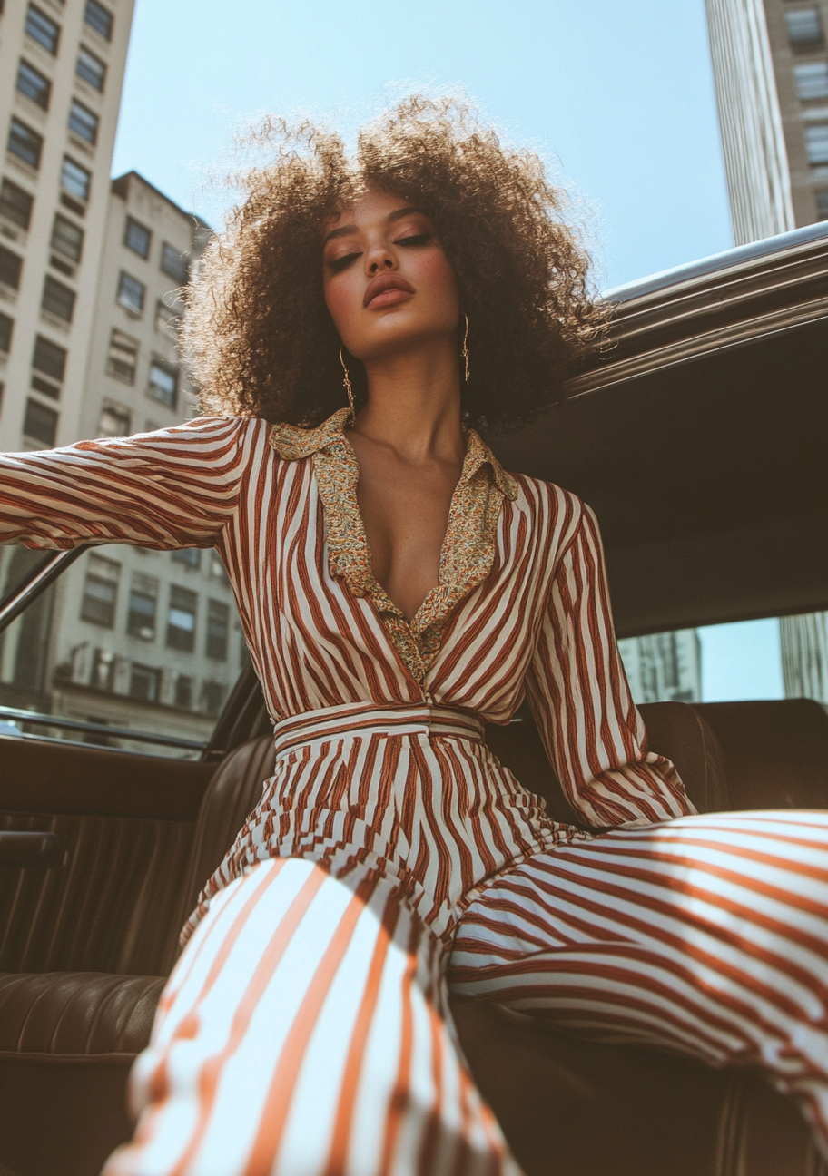 A woman in striped pants sits in NYC.