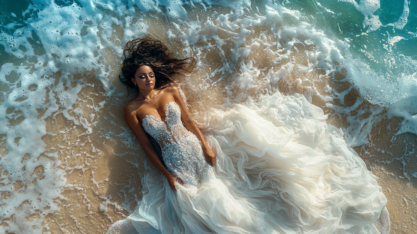 A woman in wedding gown lies underwater beautifully.