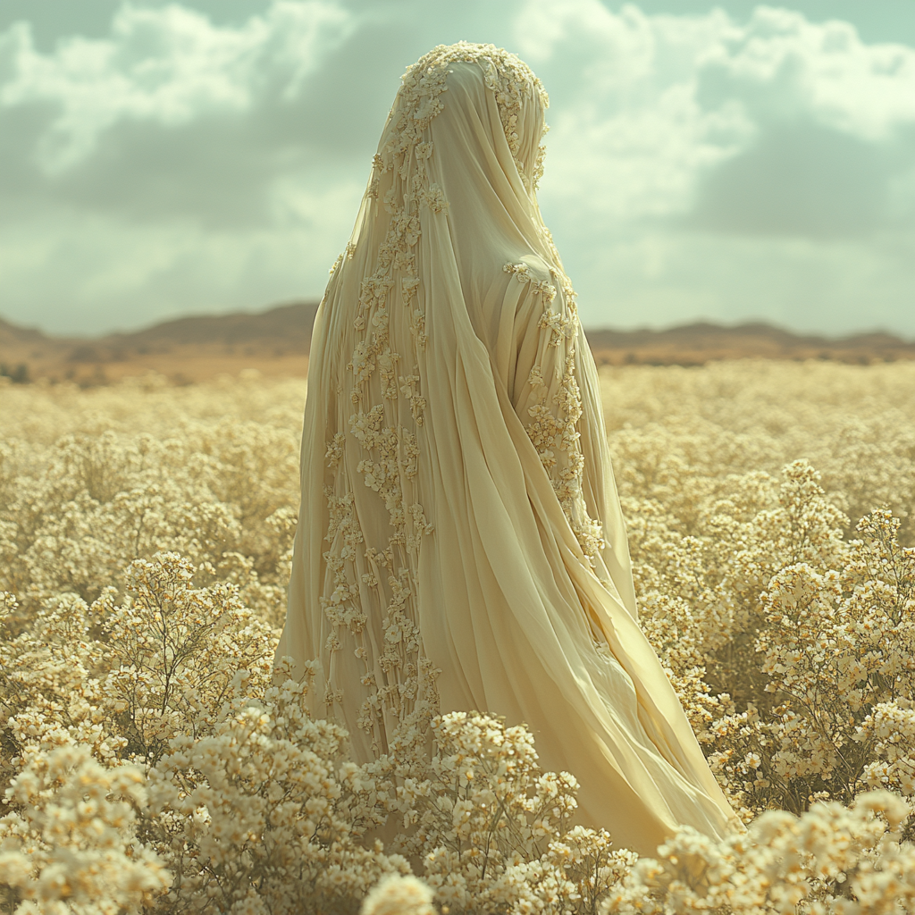 A woman in white flower dress in desert.