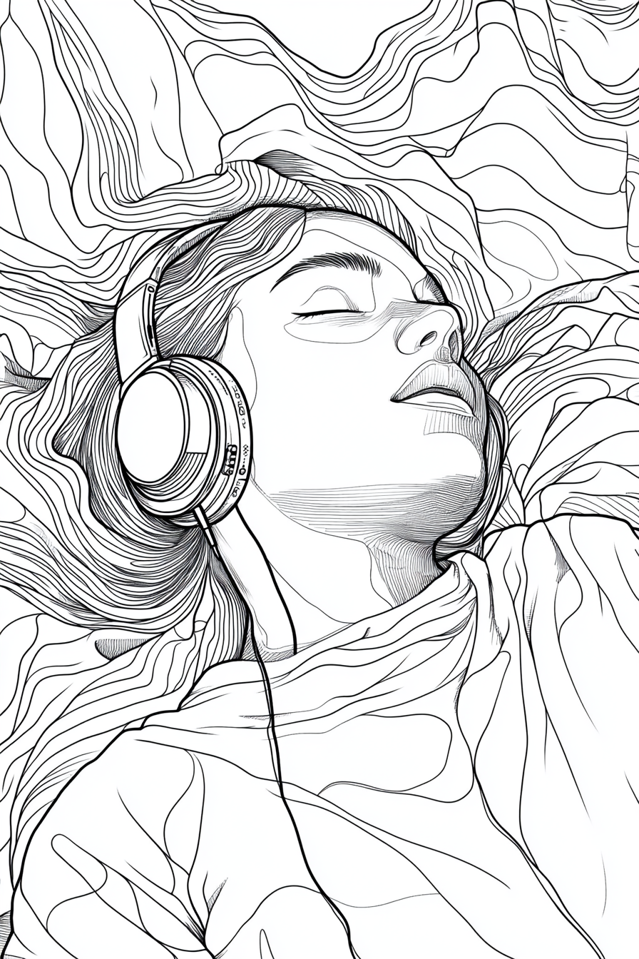 A woman listening to music in bed drawing