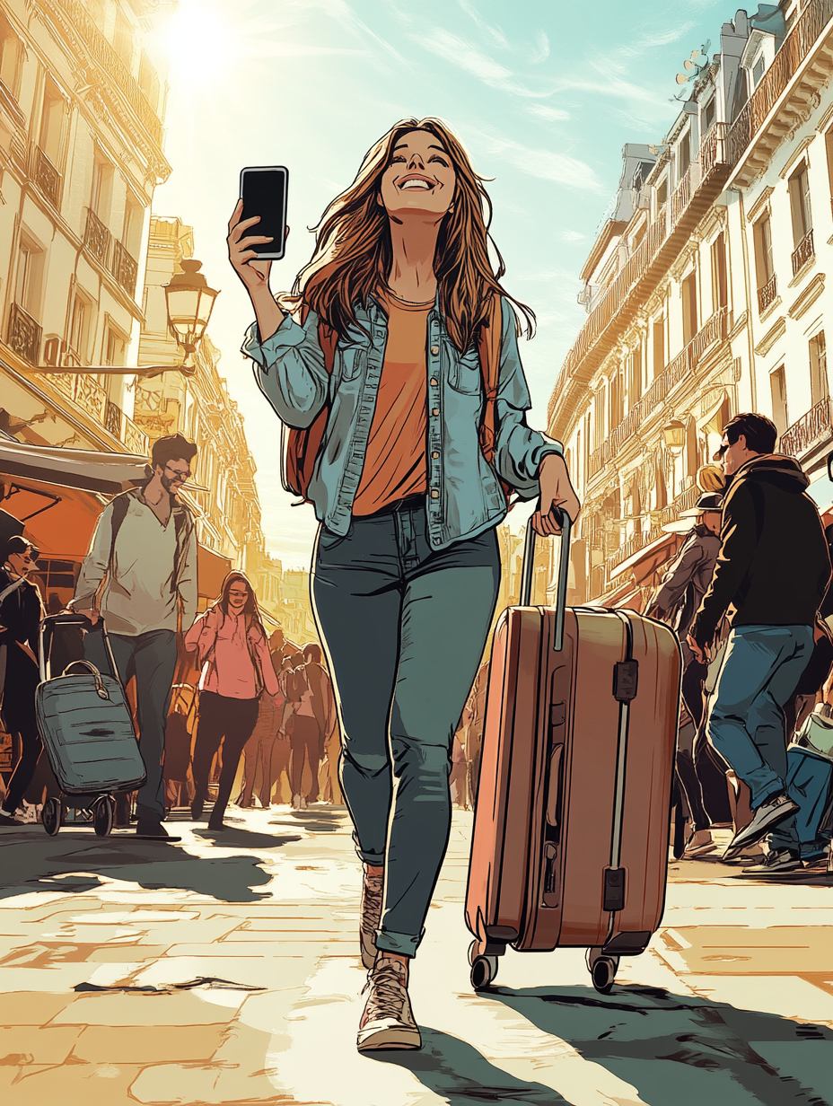 A woman live streaming, smiling at phone, dragging suitcases.