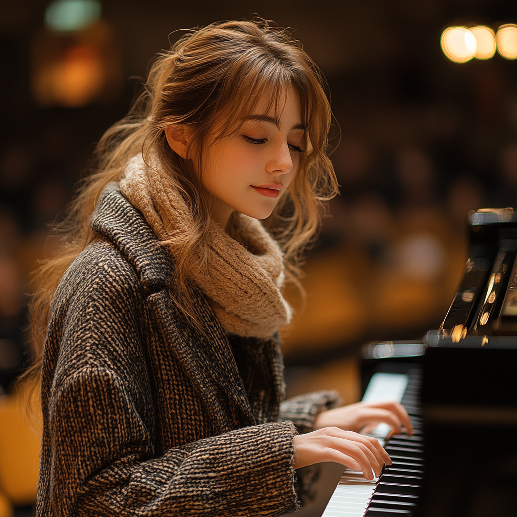 A woman playing piano with detailed natural lighting.