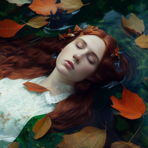 A woman poses in river with lilies and leaves