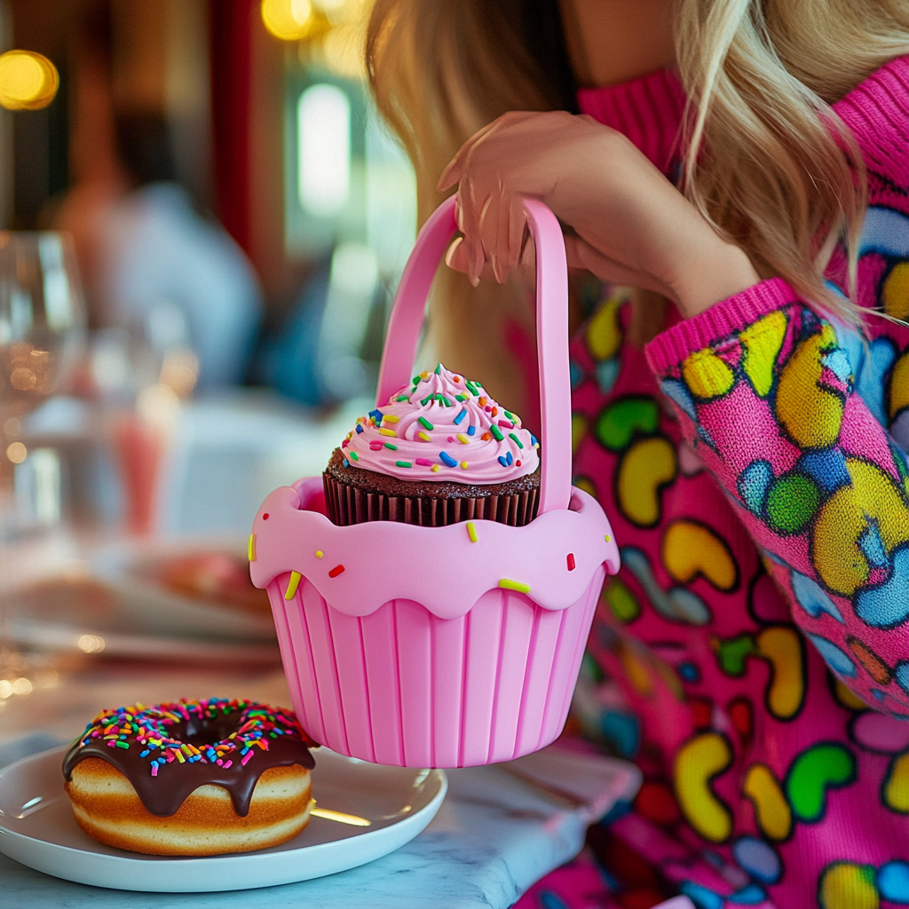 A woman pulls chocolate cupcake from cupcake purse.