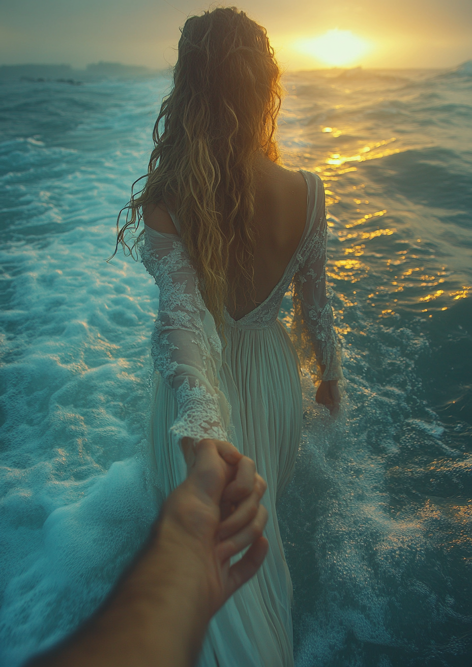 A woman reaches a man's hand on beach.