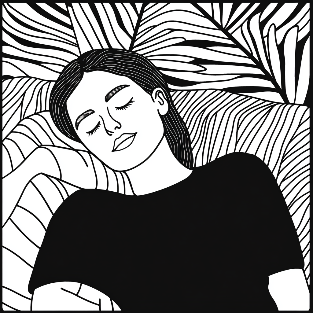 A woman relaxing in a cozy, zen coloring page