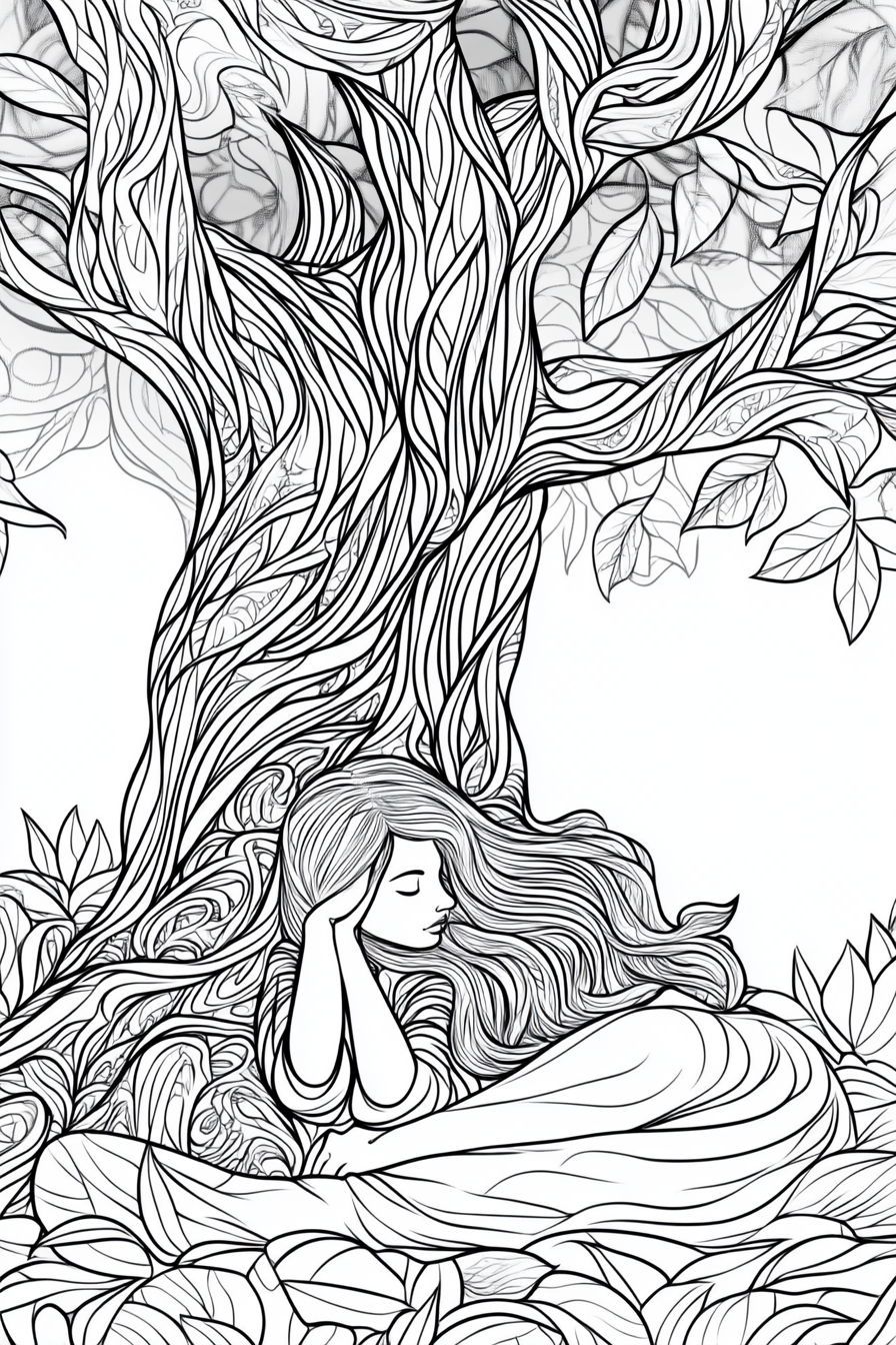 A woman resting under giant intricate nature scene