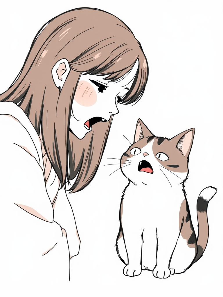 A woman scolds a confused Japanese cat.