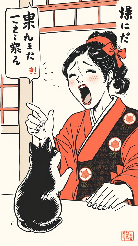 A woman shouts at cat in traditional Japanese art.