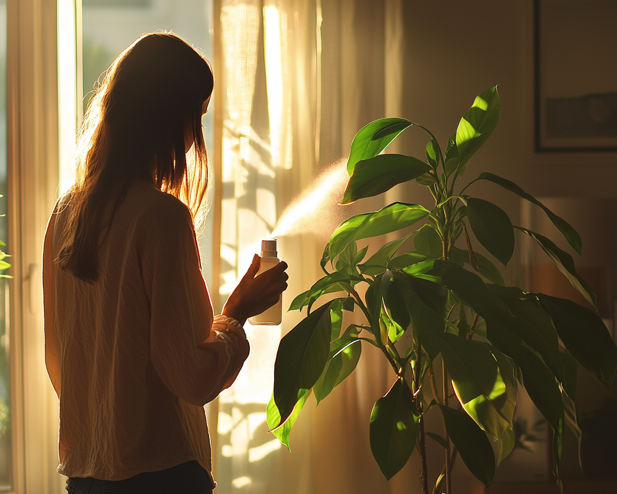 A woman spraying plant in cozy home