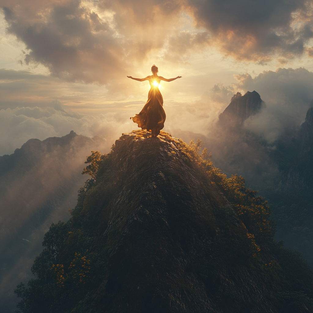 A woman standing on cliff edge with arms open, glowing joyfully.