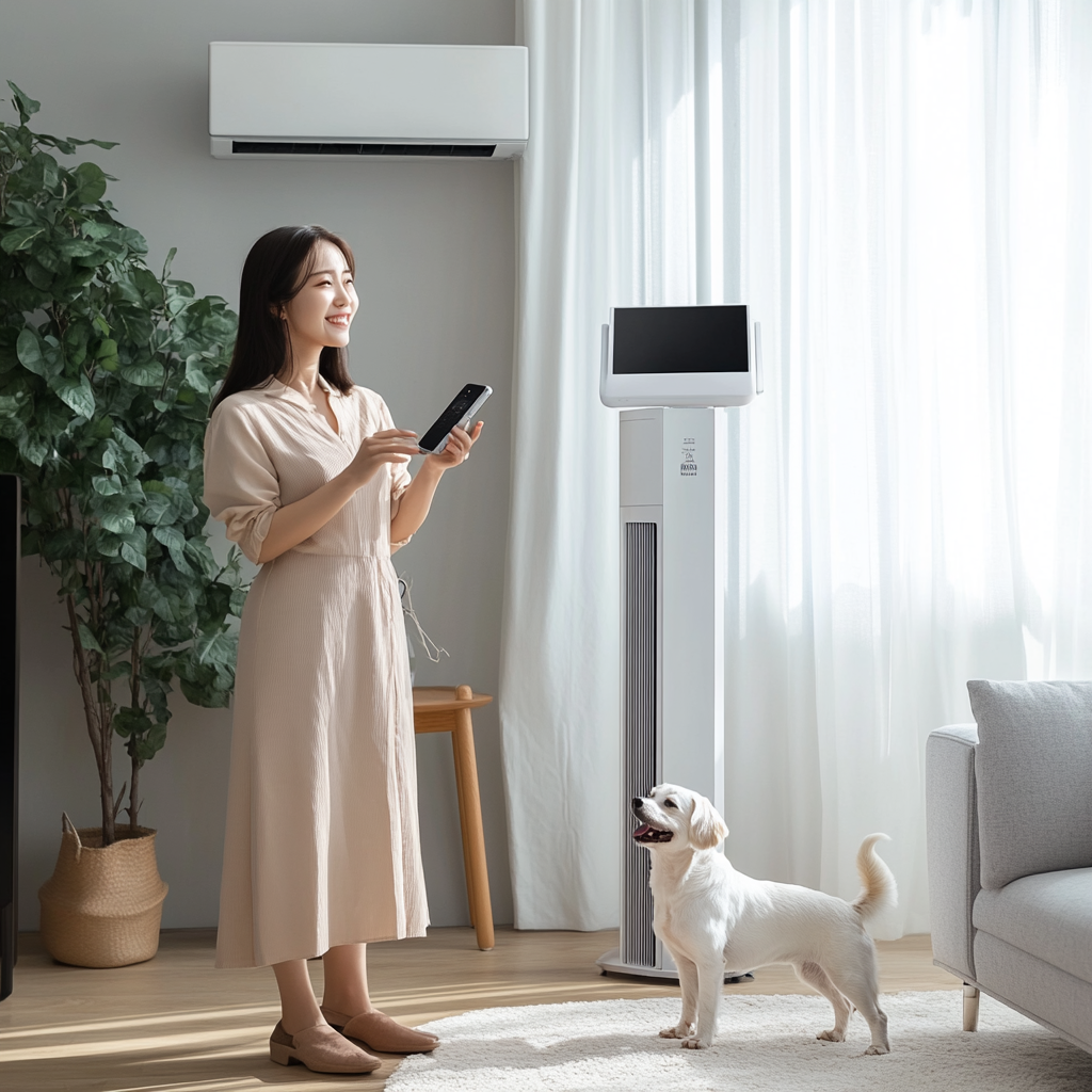 A woman stands in living room with pets