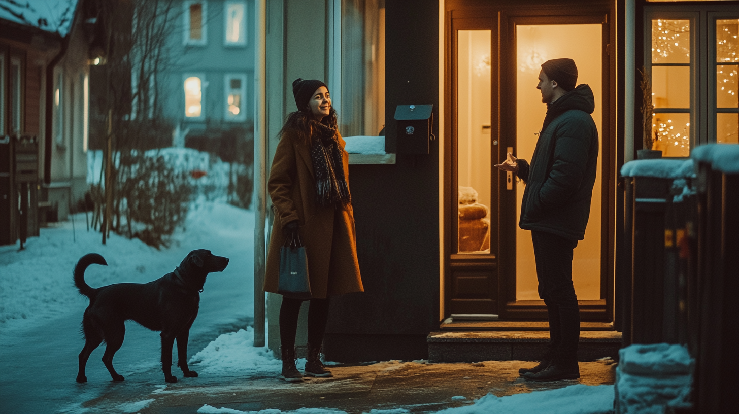 A woman talking to a man with dog.