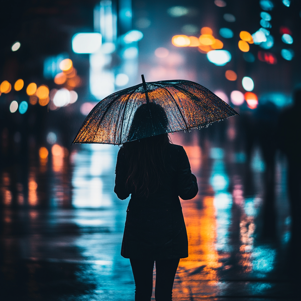 A woman walking alone in the rain.