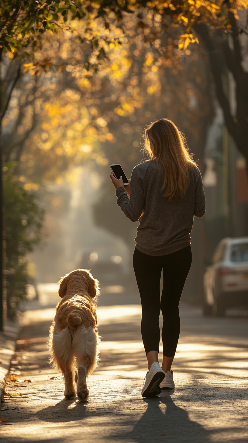 A woman walking dog on sunny morning