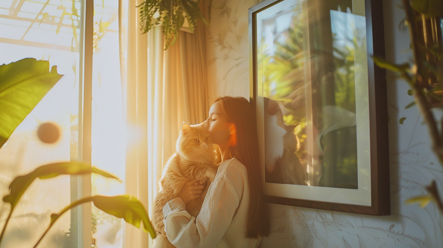 A woman with a blurry cat in a frame.