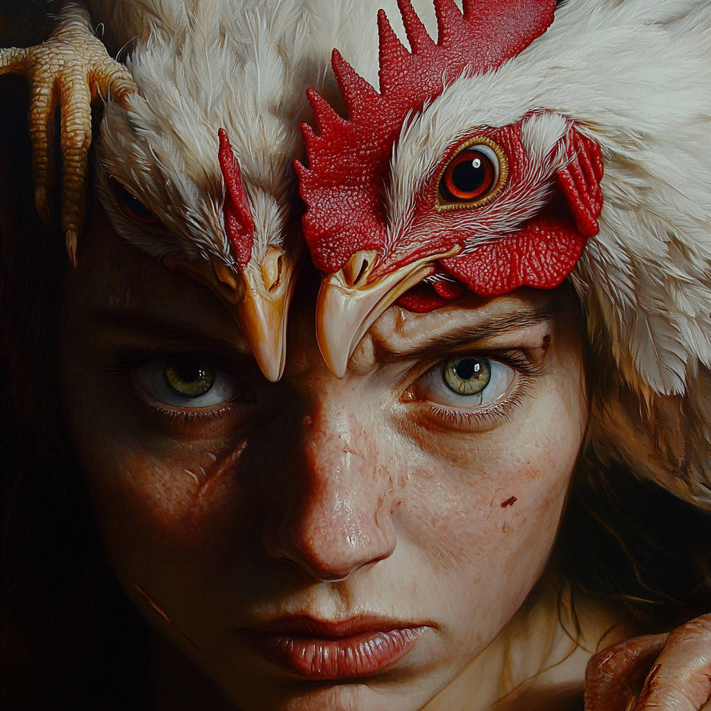 A woman with a chicken on head, scary look.