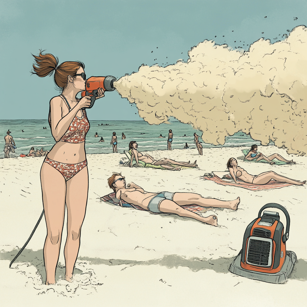 A woman with a leafblower blows sand at beachgoers.