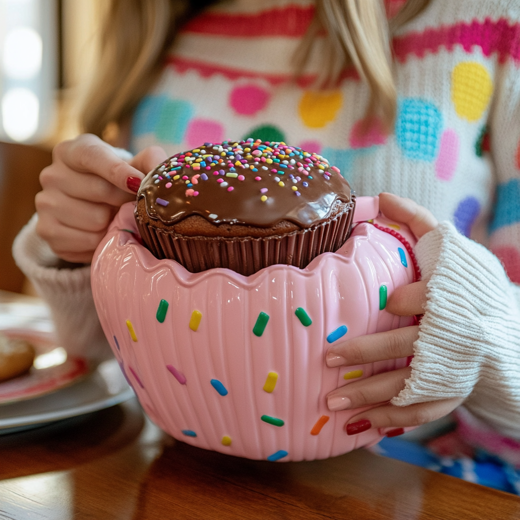 A woman with cupcake purse eats sweet treat.