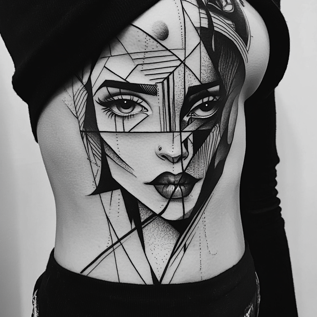 A woman with sharp tattoo outlines in style.