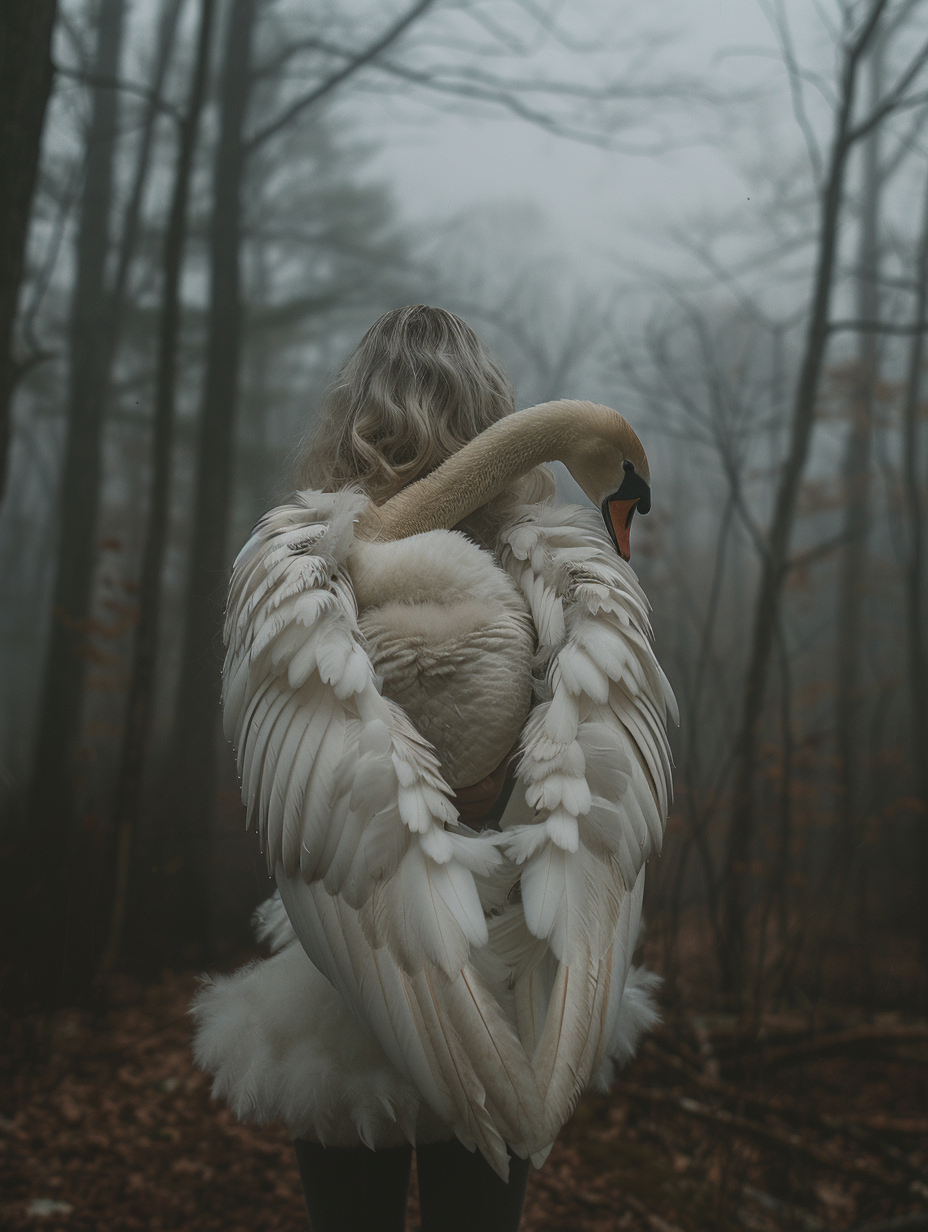 A woman with swan wings in spooky woods.