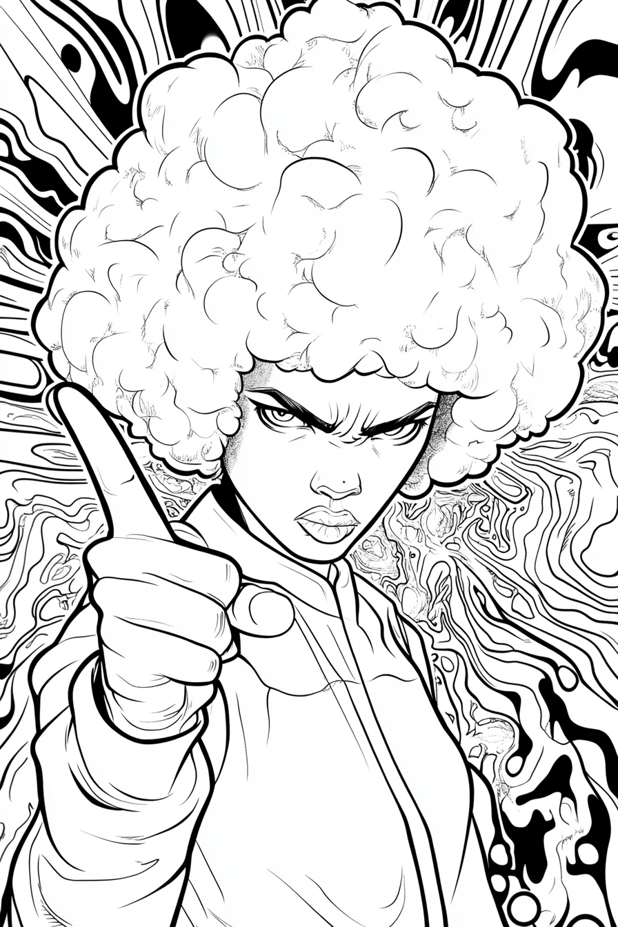 A woman with white afro showing middle finger