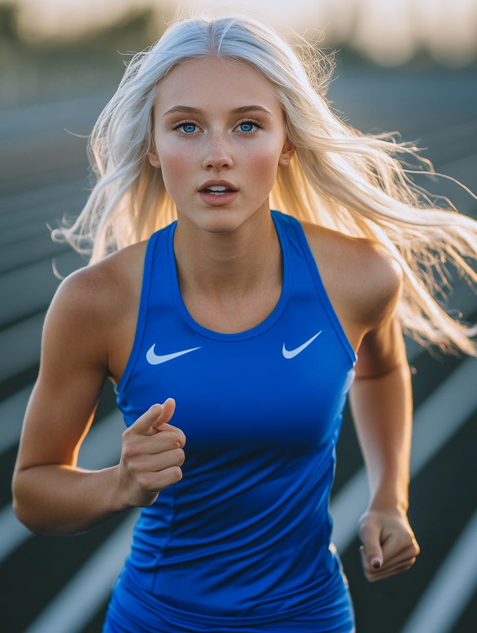 A woman with white hair runs in stadium