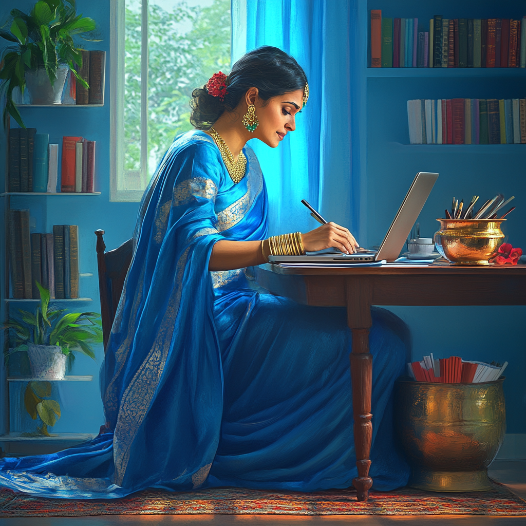 A woman writing a novel on laptop