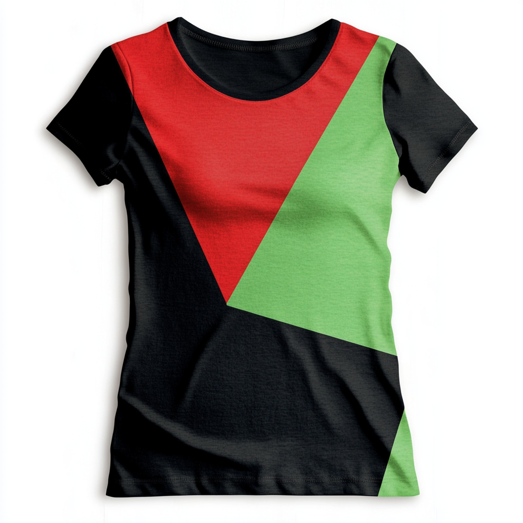 A women's t-shirt with large red triangle, green, black.