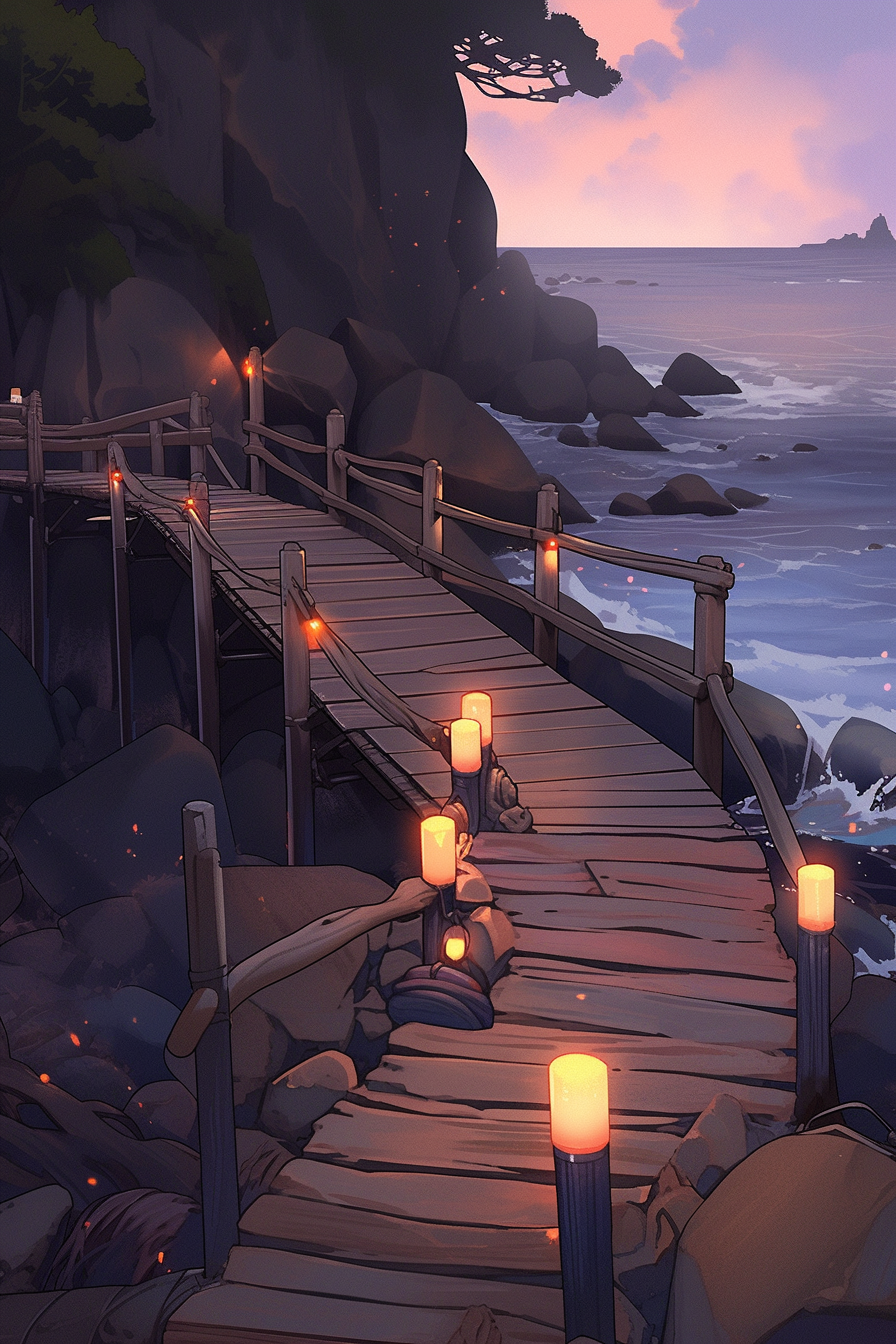 A wooden dock at sunset, waves crashing