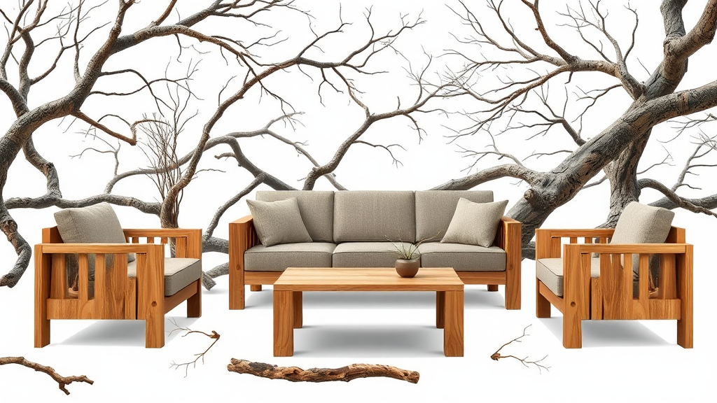 A wooden furniture set with intertwined branches.