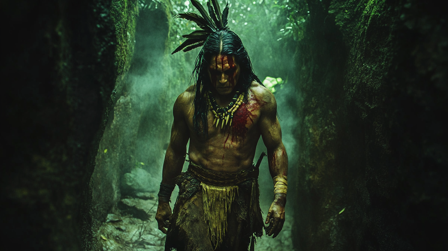 A wounded Aztec leader walking towards cave entrance