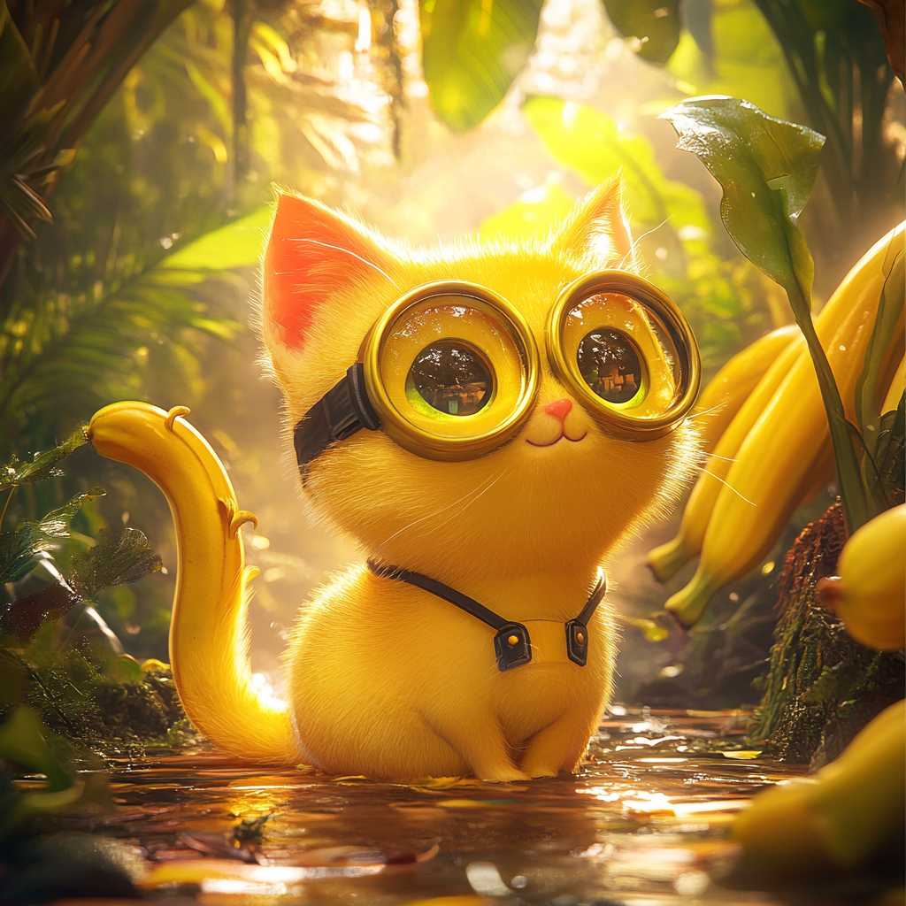 A yellow banana-shaped cat with minion goggles.