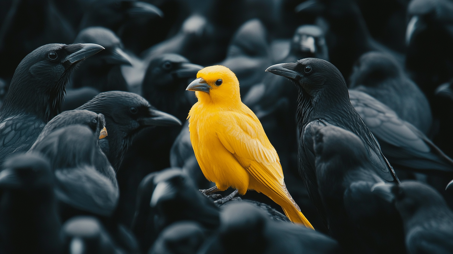 A yellow canary among many black crows.