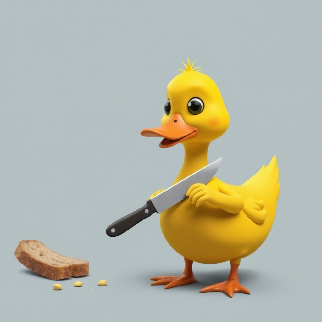 A yellow duck with a knife wants bread.