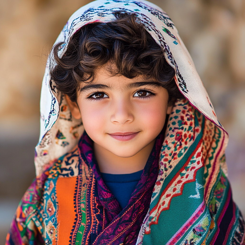 A young Arab boy in colorful traditional clothing.