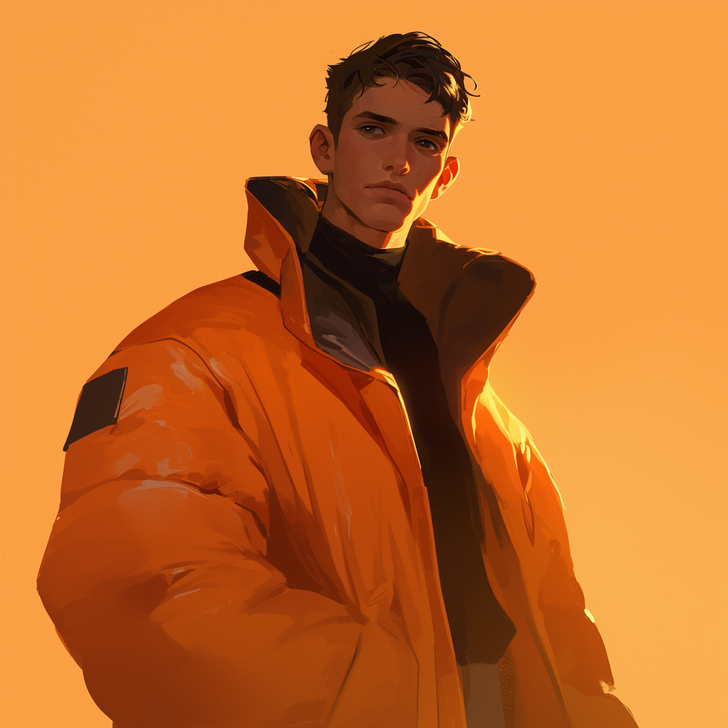 A young Hispanic man in orange sci-fi jacket