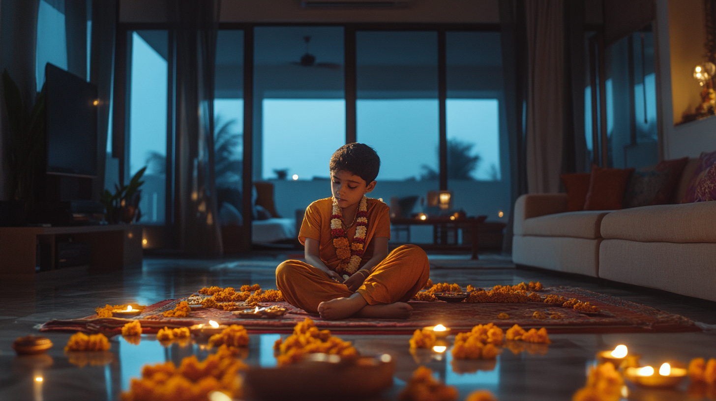 A young Indian sibling in a Diwali-decorated room