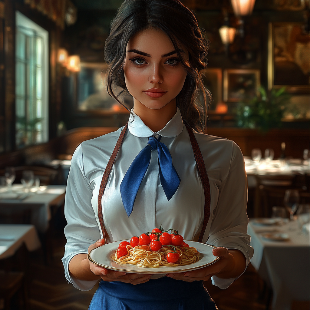 A young Italian waitress holding tomato pasta plate.