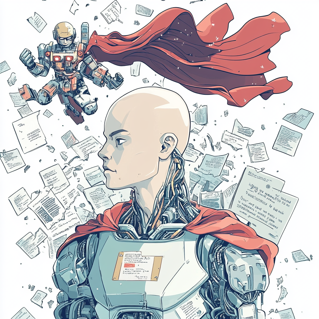 A young bald man gets help from robot.