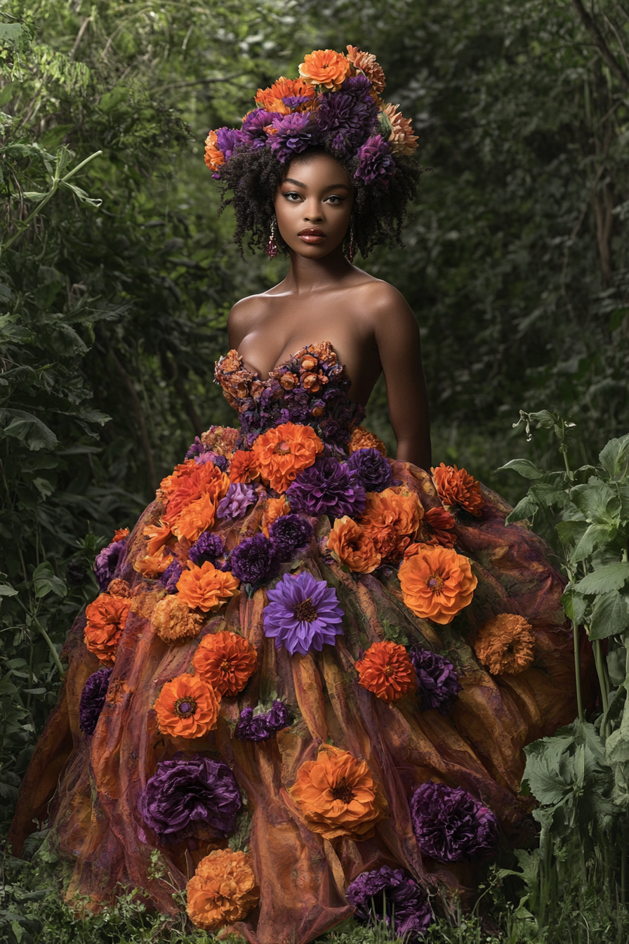 A young black woman in ballgown with floral headpiece.