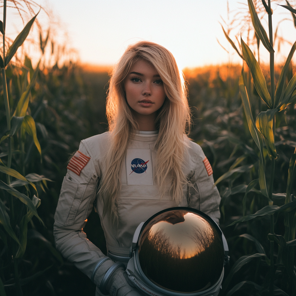 A young blonde woman in an astronaut outfit