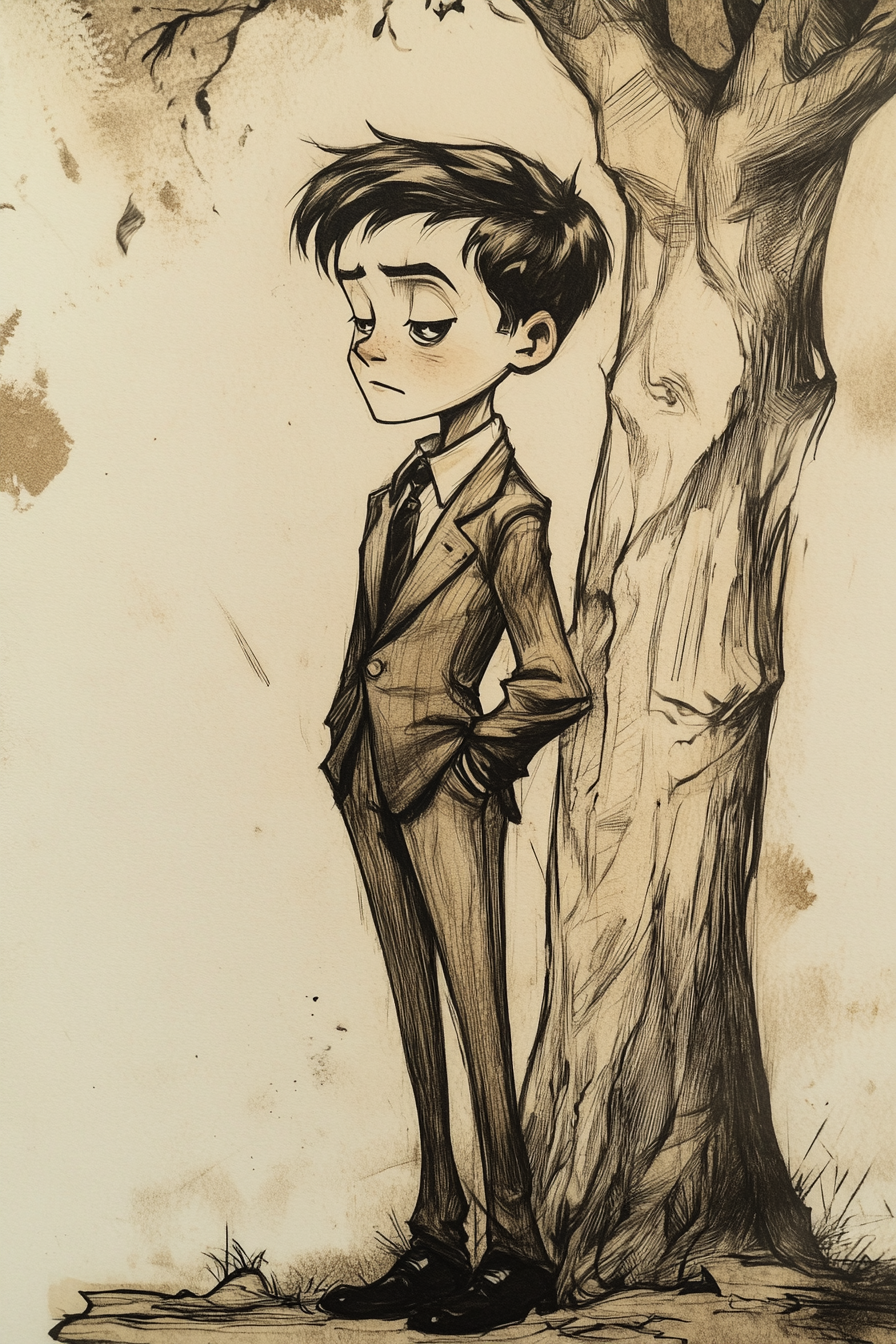 A young boy in oversized suit by tree