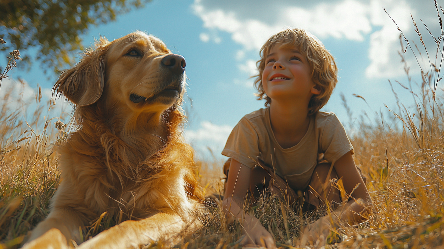 A young boy petting a golden retriever in field.