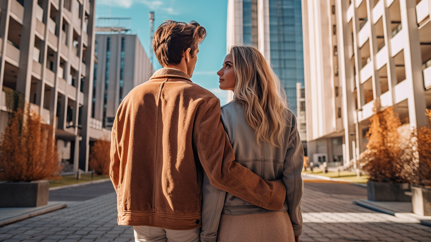 A young couple admiring a modern cityscape