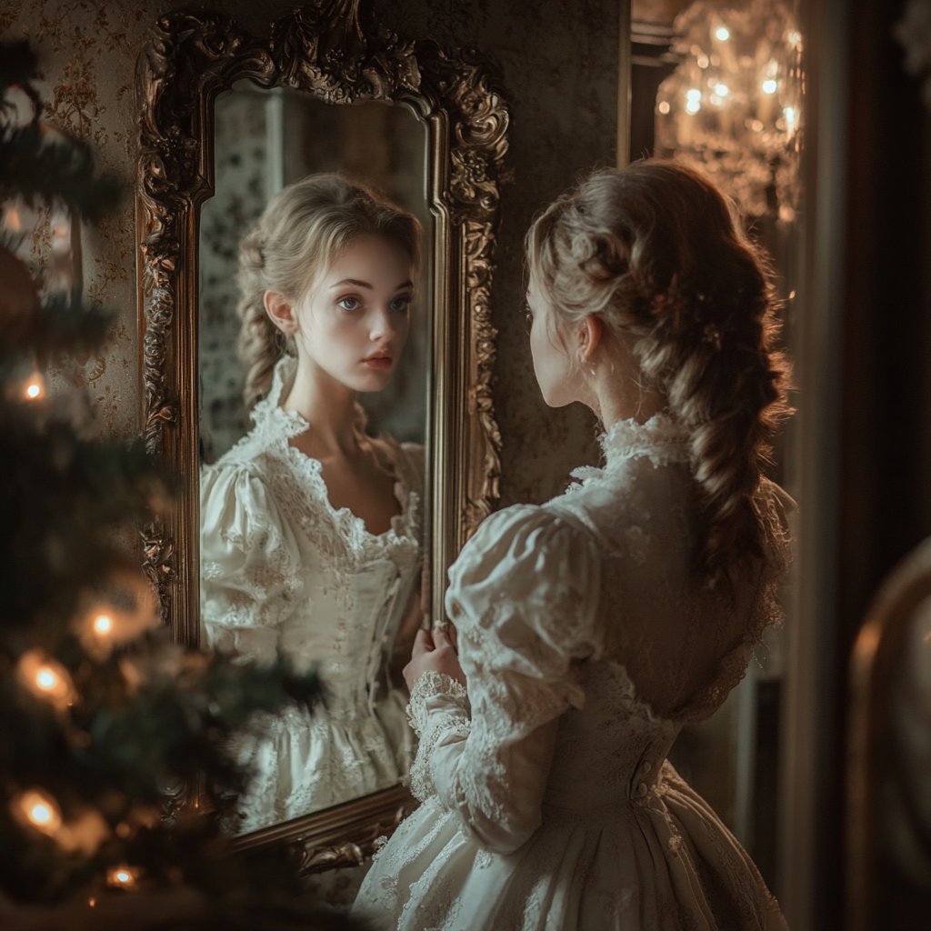 A young girl in old-fashioned dress looks in mirror