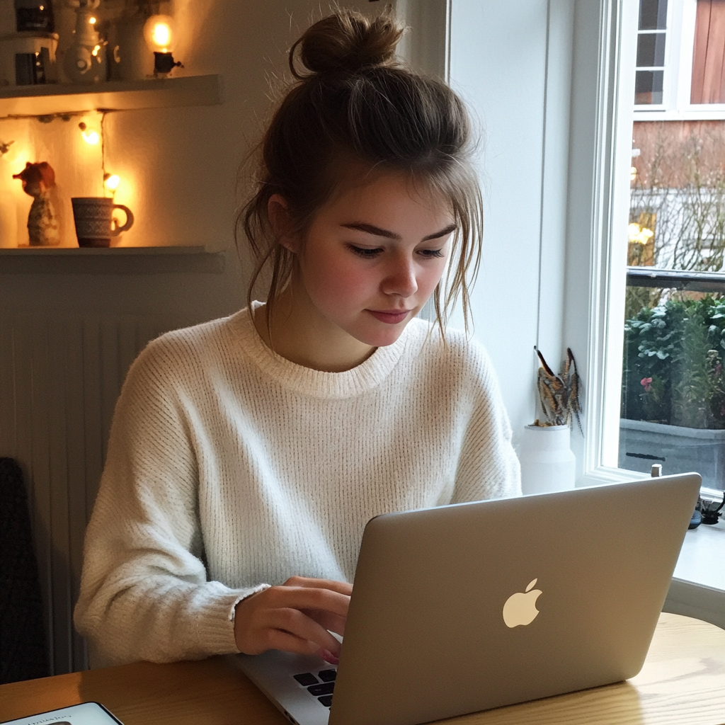 A young girl studying with a MacBook and iPad.