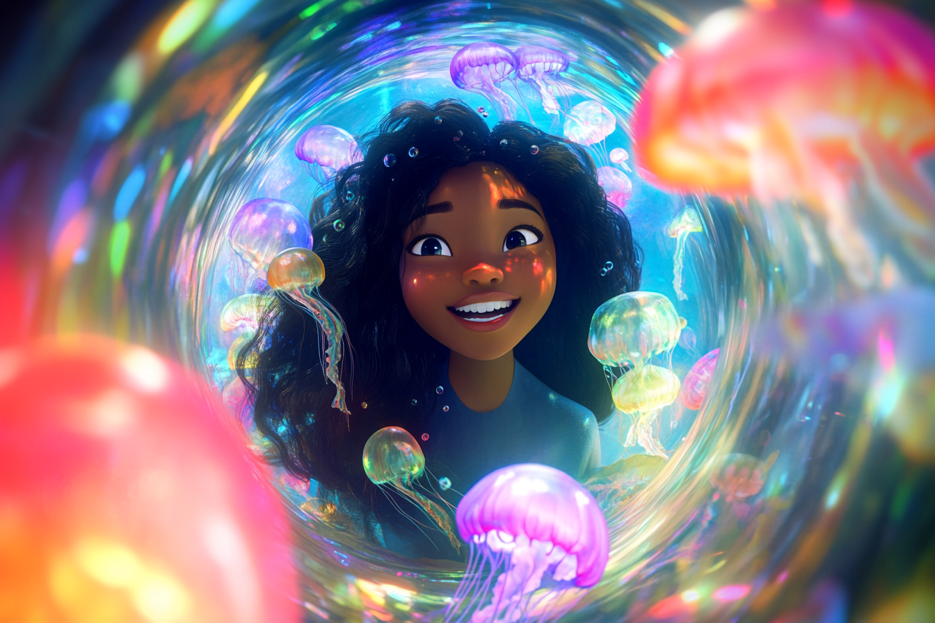 A young girl with shiny hair and rainbow jellyfish.