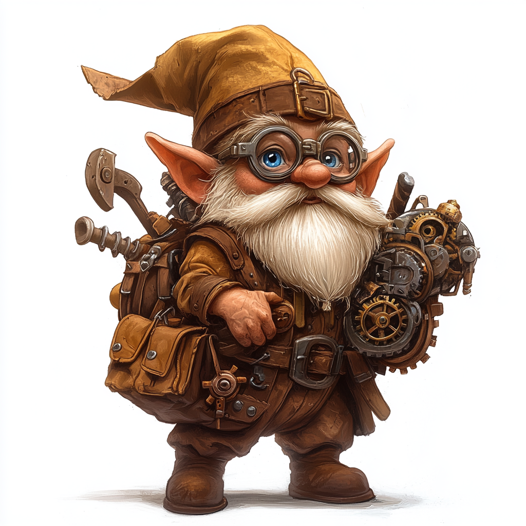 A young gnome wizard with blue eyes and tools.